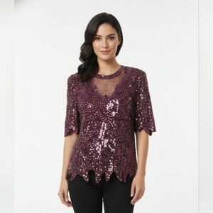 Vintage Creative Touch Blouse Plum Beaded Sequin Shark Bite Silk Glam Formal M